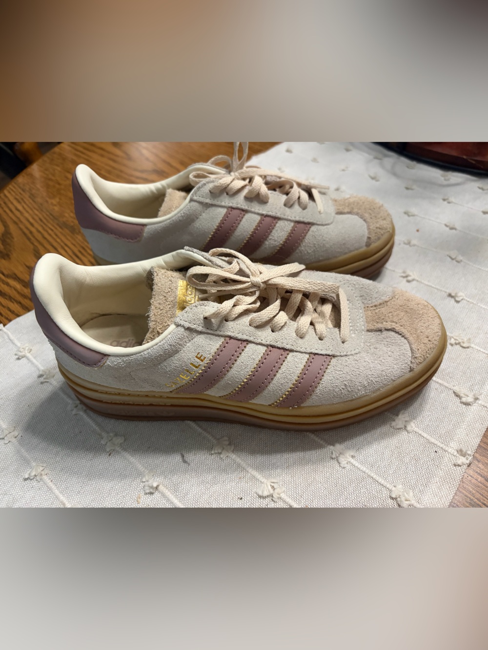 adidas Gazelle Bold Women’s Beige Suede Sneakers with Pink Stripes